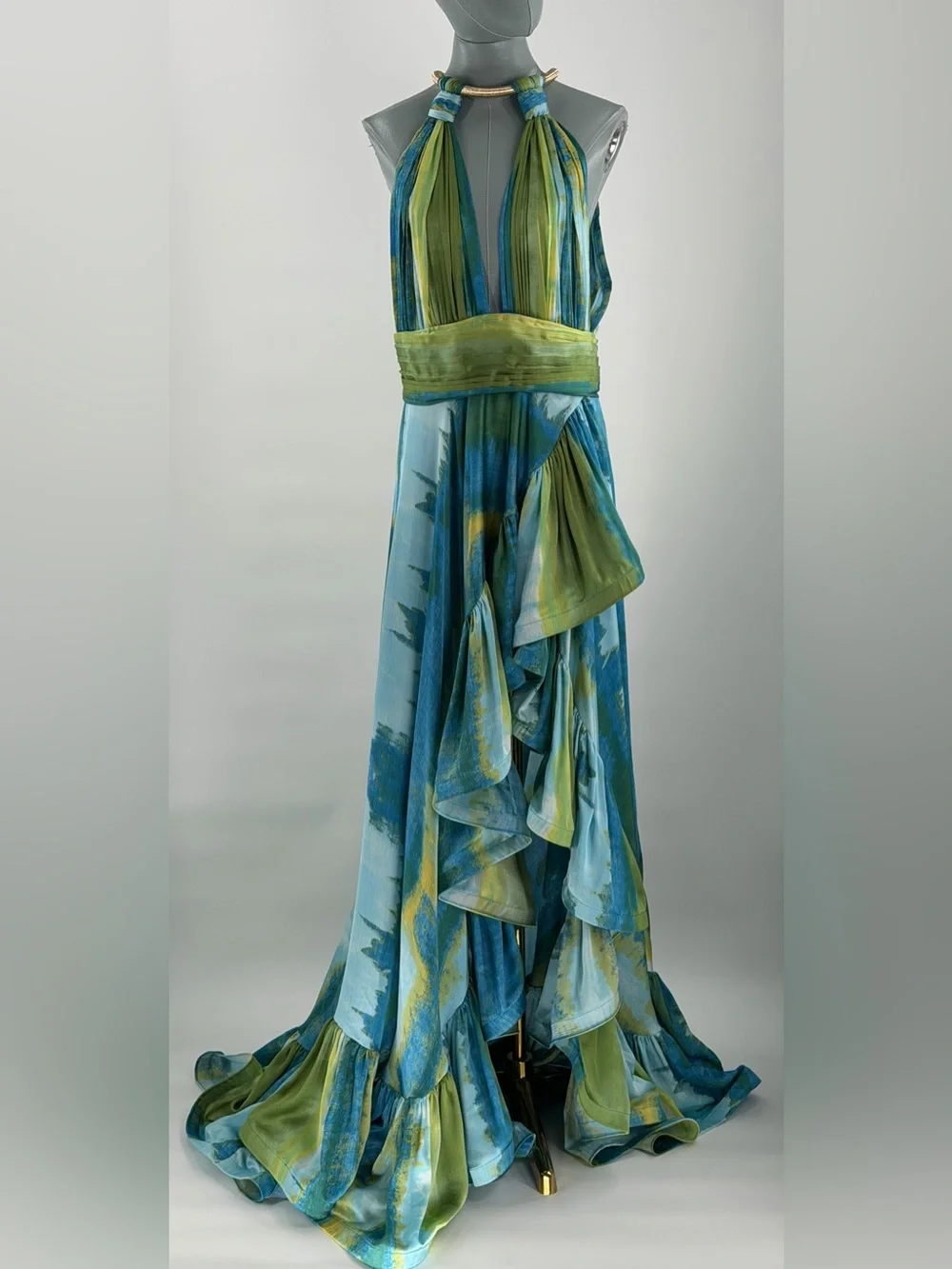 🆕 BRONX & BANCO 🧿 NWOT Palma Coastal Ruffle Hi-Low Gown, Blue Green, Sz L US 8 - Picture 13 of 17